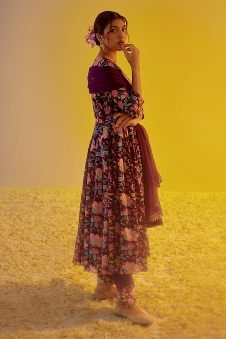 Shop Label Mansi Nagdev Purple Chanderi Embroidery, Tassels V-neck Zoya Floral Print Anarkali Pant Set Online at Aza Fashions Shop_Label Mansi Nagdev_Purple Chanderi Embroidery, Tassels V-neck Zoya Floral Print Anarkali Pant Set _Online_at_Aza_Fashions