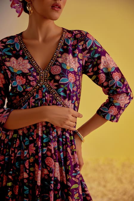 Label Mansi Nagdev Purple Chanderi Embroidery, Tassels V-neck Zoya Floral Print Anarkali Pant Set at Aza Fashions Label Mansi Nagdev_Purple Chanderi Embroidery, Tassels V-neck Zoya Floral Print Anarkali Pant Set _at_Aza_Fashions