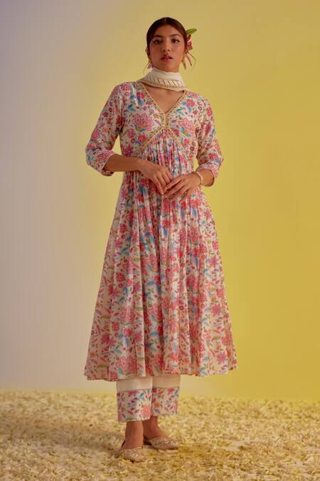 Label Mansi Nagdev Ivory Chanderi Embroidery, Tassels Zoya Floral Digital Print Anarkali Pant Set Online at Aza Fashions Label Mansi Nagdev_Ivory Chanderi Embroidery, Tassels Zoya Floral Digital Print Anarkali Pant Set _Online_at_Aza_Fashions