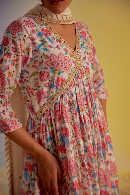 Buy Label Mansi Nagdev Ivory Chanderi Embroidery, Tassels Zoya Floral Digital Print Anarkali Pant Set Online at Aza Fashions Buy_Label Mansi Nagdev_Ivory Chanderi Embroidery, Tassels Zoya Floral Digital Print Anarkali Pant Set _Online_at_Aza_Fashions