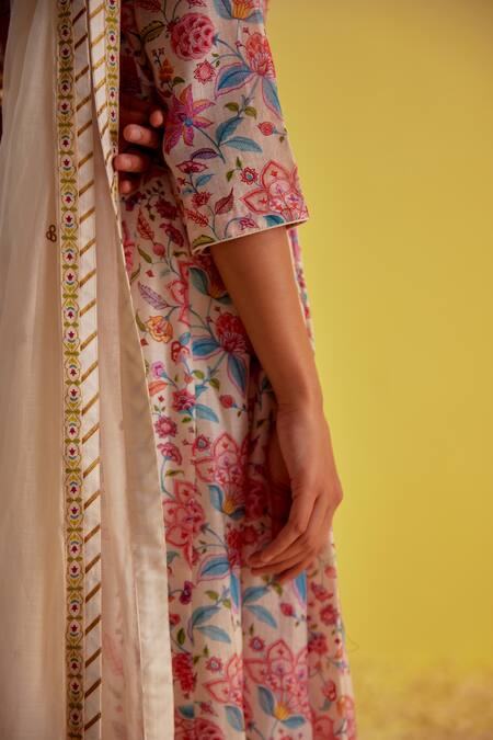 Shop Label Mansi Nagdev Ivory Chanderi Embroidery, Tassels Zoya Floral Digital Print Anarkali Pant Set Online at Aza Fashions Shop_Label Mansi Nagdev_Ivory Chanderi Embroidery, Tassels Zoya Floral Digital Print Anarkali Pant Set _Online_at_Aza_Fashions