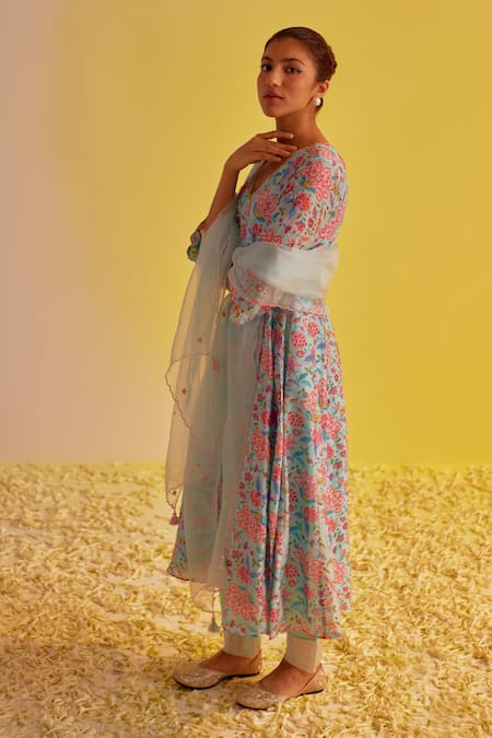 Buy Label Mansi Nagdev Blue Chanderi, Cotton, Organza Sequins V-neck Floral Printed Kurta Trouser Set Online at Aza Fashions Buy_Label Mansi Nagdev_Blue Chanderi, Cotton, Organza Sequins V-neck Floral Printed Kurta Trouser Set _Online_at_Aza_Fashions