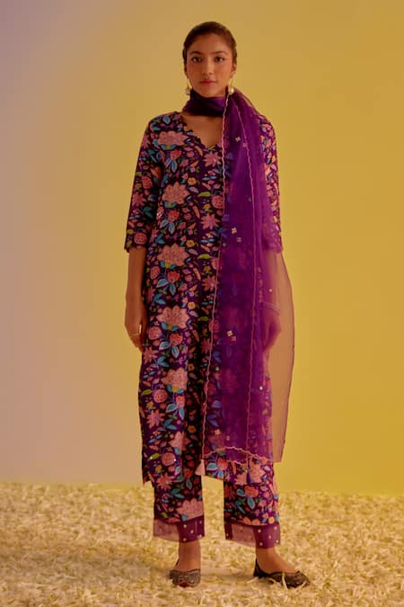 Label Mansi Nagdev Purple Chanderi Printed Floral V Neck Asma Straight Kurta Trouser Set