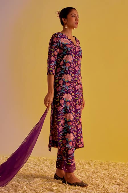 Shop Label Mansi Nagdev Purple Chanderi Sequins V-neck Asma Straight Floral Print Kurta Trouser Set at Aza Fashions Shop_Label Mansi Nagdev_Purple Chanderi Sequins V-neck Asma Straight Floral Print Kurta Trouser Set _at_Aza_Fashions