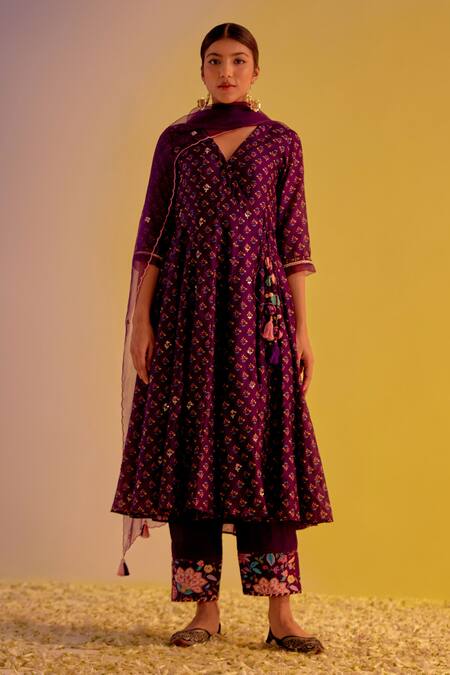 Label Mansi Nagdev Purple Chanderi Printed Floral V Neck Zubaida Angarkha Anarkali Trouser Set 