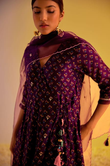 Label Mansi Nagdev Purple Chanderi, Organza Tassels, Zubaida Angarkha Printed Anarkali Trouser Set Online at Aza Fashions Label Mansi Nagdev_Purple Chanderi, Organza Tassels, Zubaida Angarkha Printed Anarkali Trouser Set _Online_at_Aza_Fashions