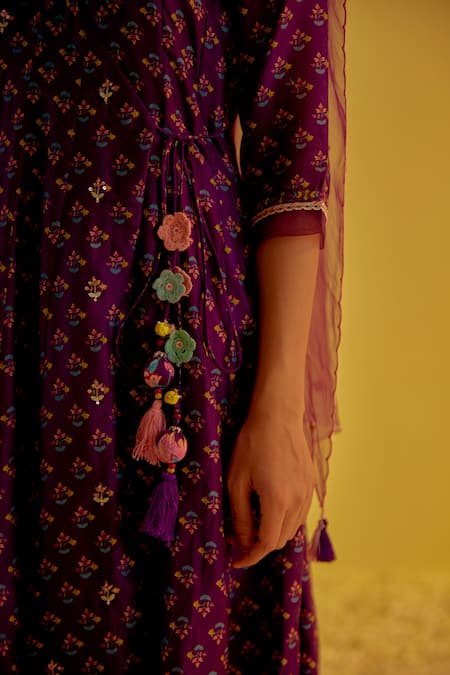 Buy Label Mansi Nagdev Purple Chanderi, Organza Tassels, Zubaida Angarkha Printed Anarkali Trouser Set Online at Aza Fashions Buy_Label Mansi Nagdev_Purple Chanderi, Organza Tassels, Zubaida Angarkha Printed Anarkali Trouser Set _Online_at_Aza_Fashions