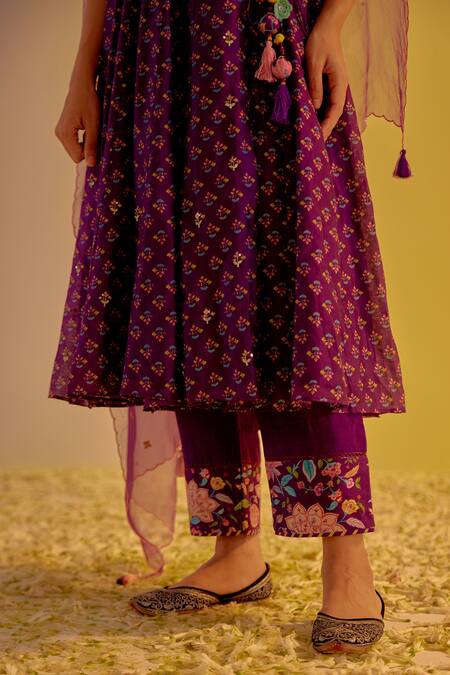 Shop Label Mansi Nagdev Purple Chanderi, Organza Tassels, Zubaida Angarkha Printed Anarkali Trouser Set Online at Aza Fashions Shop_Label Mansi Nagdev_Purple Chanderi, Organza Tassels, Zubaida Angarkha Printed Anarkali Trouser Set _Online_at_Aza_Fashions
