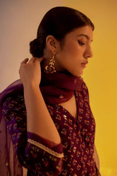 Label Mansi Nagdev Purple Chanderi, Organza Tassels, Zubaida Angarkha Printed Anarkali Trouser Set at Aza Fashions Label Mansi Nagdev_Purple Chanderi, Organza Tassels, Zubaida Angarkha Printed Anarkali Trouser Set _at_Aza_Fashions