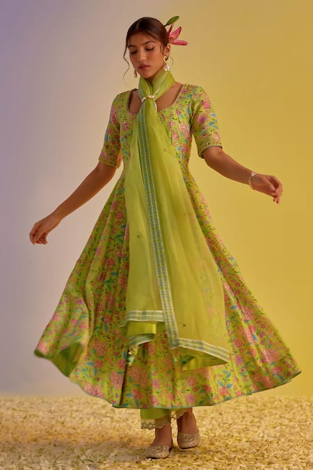Buy Label Mansi Nagdev Green Chanderi Embroidery Scoop Neck Floral Printed Anarkali Pant Set Online at Aza Fashions Buy_Label Mansi Nagdev_Green Chanderi Embroidery Scoop Neck Floral Printed Anarkali Pant Set _Online_at_Aza_Fashions