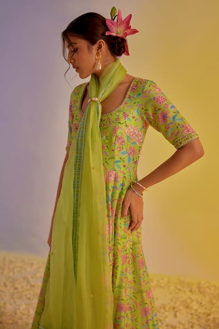 Shop Label Mansi Nagdev Green Chanderi Embroidery Scoop Neck Floral Printed Anarkali Pant Set Online at Aza Fashions Shop_Label Mansi Nagdev_Green Chanderi Embroidery Scoop Neck Floral Printed Anarkali Pant Set _Online_at_Aza_Fashions