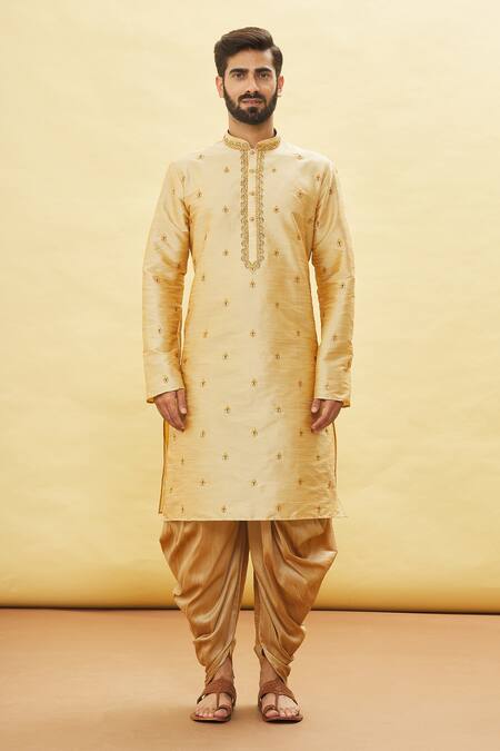 Arihant Rai Sinha Gold Silk Embroidery Botanic Pattern Kurta And Dhoti Pant Set Online at Aza Fashions Arihant Rai Sinha_Gold Silk Embroidery Botanic Pattern Kurta And Dhoti Pant Set _Online_at_Aza_Fashions