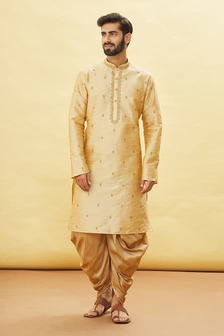 Buy Arihant Rai Sinha Gold Silk Embroidery Botanic Pattern Kurta And Dhoti Pant Set Online at Aza Fashions Buy_Arihant Rai Sinha_Gold Silk Embroidery Botanic Pattern Kurta And Dhoti Pant Set _Online_at_Aza_Fashions