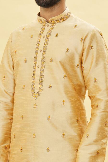 Shop Arihant Rai Sinha Gold Silk Embroidery Botanic Pattern Kurta And Dhoti Pant Set Online at Aza Fashions Shop_Arihant Rai Sinha_Gold Silk Embroidery Botanic Pattern Kurta And Dhoti Pant Set _Online_at_Aza_Fashions