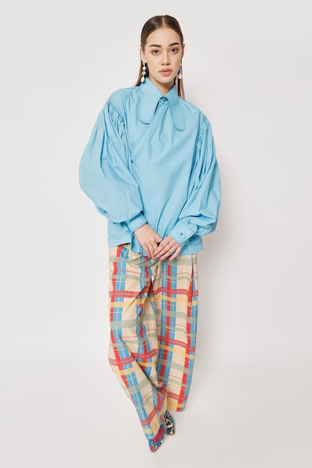 Two Point Two Blue 100% Cotton Poplin Plain Asymmetrical Tombo Kimono Wrap Shirt
