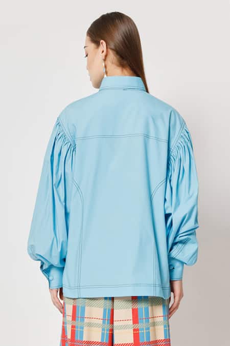 Shop Two Point Two Blue 100% Cotton Poplin Plain Asymmetrical Tombo Kimono Wrap Shirt at Aza Fashions Shop_Two Point Two_Blue 100% Cotton Poplin Plain Asymmetrical Tombo Kimono Wrap Shirt _at_Aza_Fashions