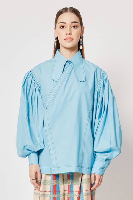 Two Point Two Blue 100% Cotton Poplin Plain Asymmetrical Tombo Kimono Wrap Shirt Online at Aza Fashions Two Point Two_Blue 100% Cotton Poplin Plain Asymmetrical Tombo Kimono Wrap Shirt _Online_at_Aza_Fashions