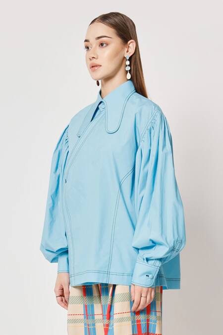 Buy Two Point Two Blue 100% Cotton Poplin Plain Asymmetrical Tombo Kimono Wrap Shirt Online at Aza Fashions Buy_Two Point Two_Blue 100% Cotton Poplin Plain Asymmetrical Tombo Kimono Wrap Shirt _Online_at_Aza_Fashions