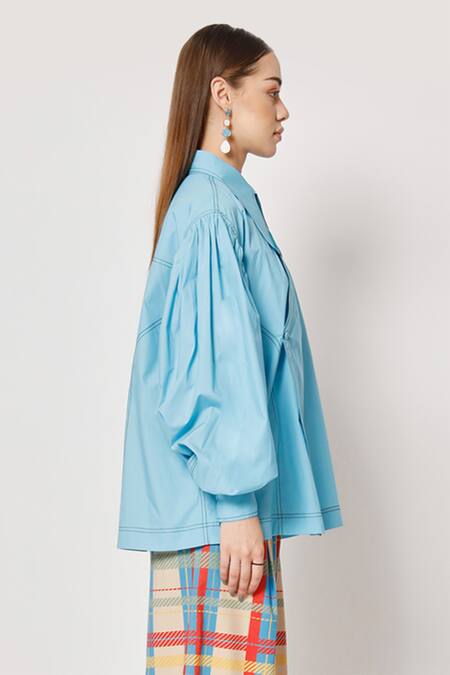 Two Point Two Blue 100% Cotton Poplin Plain Asymmetrical Tombo Kimono Wrap Shirt at Aza Fashions Two Point Two_Blue 100% Cotton Poplin Plain Asymmetrical Tombo Kimono Wrap Shirt _at_Aza_Fashions