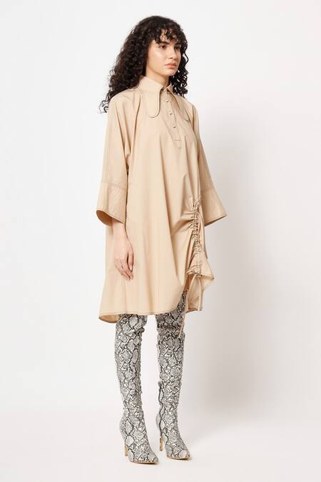 Buy Two Point Two Beige 100% Cotton Poplin Plain Scoop Mamaro String Tie-up Kaftan Dress Buy_Two Point Two_Beige 100% Cotton Poplin Plain Scoop Mamaro String Tie-up Kaftan Dress