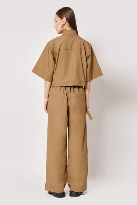 Shop Two Point Two Brown 100% Cotton Poplin Embroidered Stitch Lines Kioma Boxy Crop Top at Aza Fashions Shop_Two Point Two_Brown 100% Cotton Poplin Embroidered Stitch Lines Kioma Boxy Crop Top _at_Aza_Fashions