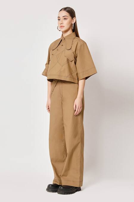 Two Point Two Brown 100% Cotton Poplin Embroidered Stitch Lines Kioma Boxy Crop Top Online at Aza Fashions Two Point Two_Brown 100% Cotton Poplin Embroidered Stitch Lines Kioma Boxy Crop Top _Online_at_Aza_Fashions