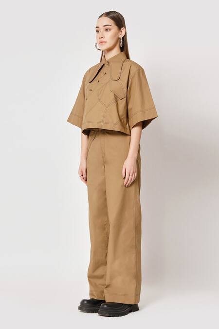 Buy Two Point Two Brown 100% Cotton Poplin Embroidered Stitch Lines Kioma Boxy Crop Top Online at Aza Fashions Buy_Two Point Two_Brown 100% Cotton Poplin Embroidered Stitch Lines Kioma Boxy Crop Top _Online_at_Aza_Fashions