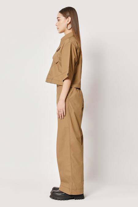 Shop Two Point Two Brown 100% Cotton Poplin Embroidered Stitch Lines Kioma Boxy Crop Top Online at Aza Fashions Shop_Two Point Two_Brown 100% Cotton Poplin Embroidered Stitch Lines Kioma Boxy Crop Top _Online_at_Aza_Fashions