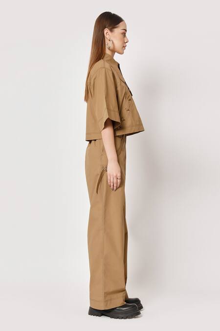 Two Point Two Brown 100% Cotton Poplin Embroidered Stitch Lines Kioma Boxy Crop Top at Aza Fashions Two Point Two_Brown 100% Cotton Poplin Embroidered Stitch Lines Kioma Boxy Crop Top _at_Aza_Fashions