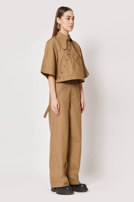 Buy Two Point Two Brown 100% Cotton Poplin Embroidered Stitch Lines Kioma Boxy Crop Top Buy_Two Point Two_Brown 100% Cotton Poplin Embroidered Stitch Lines Kioma Boxy Crop Top