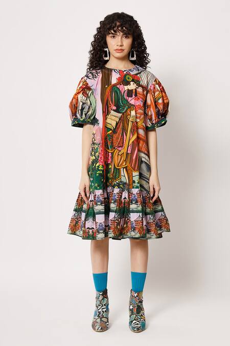 Two Point Two_Purple 100% Cotton Poplin Digital Printed Samurai Girl Aiko Dress _Online_at_Aza_Fashions