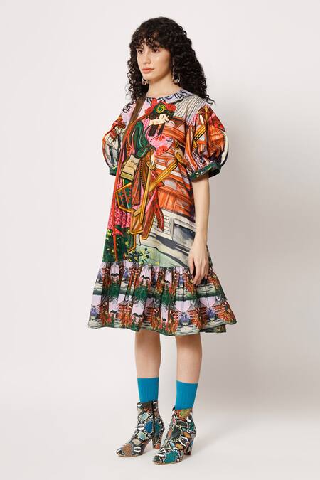 Shop_Two Point Two_Purple 100% Cotton Poplin Digital Printed Samurai Girl Aiko Dress _Online_at_Aza_Fashions