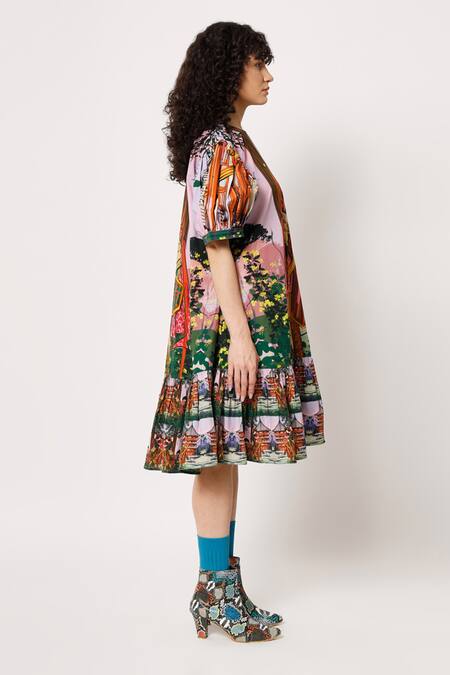 Two Point Two_Purple 100% Cotton Poplin Digital Printed Samurai Girl Aiko Dress _at_Aza_Fashions