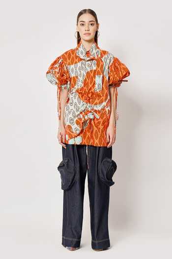 Two Point Two_Off White 100% Cotton Poplin Digital Printed Samurai Emiko Shirt _Online_at_Aza_Fashions