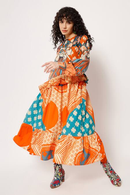 Two Point Two_Orange 100% Cotton Poplin Digital Printed Samurai Full A-line Dress _at_Aza_Fashions