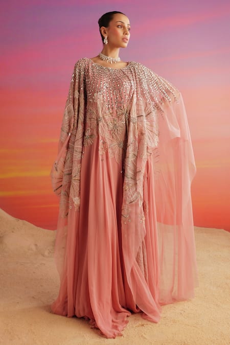 Not So Serious By Pallavi Mohan Pink Tulle Embellished Nalki Round Teresa Petunia Flora Gown  