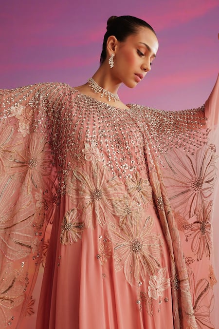 Not So Serious By Pallavi Mohan_Pink Tulle Embellished Nalki Round Teresa Petunia Flora Gown _Online_at_Aza_Fashions