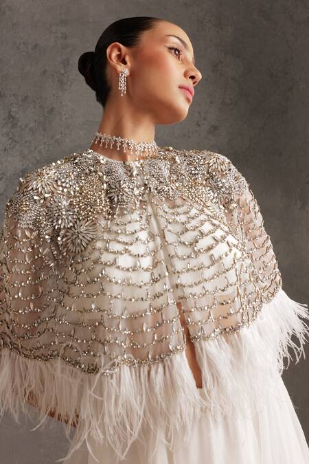 Not So Serious By Pallavi Mohan_Ivory Tulle Embellished Crystals Round Alejandra Cape _Online_at_Aza_Fashions
