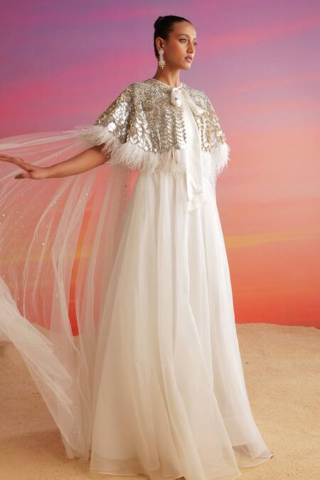 Not So Serious By Pallavi Mohan_Ivory Tulle Embellished Crystals Round Jade 3d Metallic Petals Cape _Online_at_Aza_Fashions