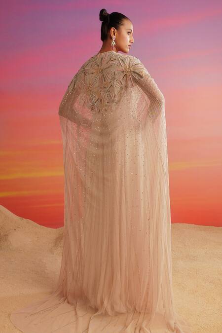 Shop Not So Serious By Pallavi Mohan Pink Chiffon Embellished Twisted Natalia Lily Bloom Cape With Gown at Aza Fashions Shop_Not So Serious By Pallavi Mohan_Pink Chiffon Embellished Twisted Natalia Lily Bloom Cape With Gown _at_Aza_Fashions