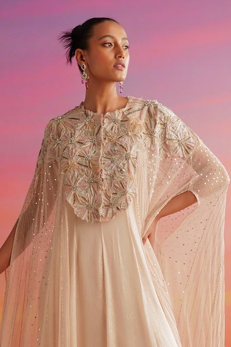 Not So Serious By Pallavi Mohan Pink Chiffon Embellished Twisted Natalia Lily Bloom Cape With Gown Online at Aza Fashions Not So Serious By Pallavi Mohan_Pink Chiffon Embellished Twisted Natalia Lily Bloom Cape With Gown _Online_at_Aza_Fashions