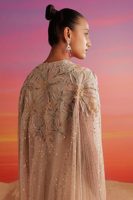 Buy Not So Serious By Pallavi Mohan Pink Chiffon Embellished Twisted Natalia Lily Bloom Cape With Gown Online at Aza Fashions Buy_Not So Serious By Pallavi Mohan_Pink Chiffon Embellished Twisted Natalia Lily Bloom Cape With Gown _Online_at_Aza_Fashions