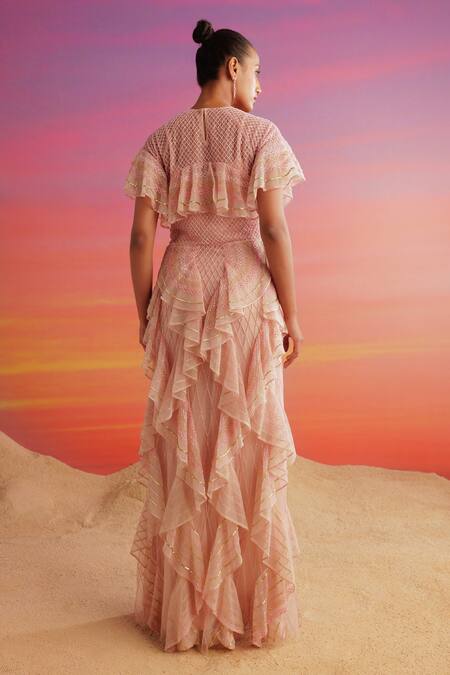 Shop Not So Serious By Pallavi Mohan Pink Tulle Embellished Adelina Ruffled Maxi Dress With Inner Slip at Aza Fashions Shop_Not So Serious By Pallavi Mohan_Pink Tulle Embellished Adelina Ruffled Maxi Dress With Inner Slip _at_Aza_Fashions