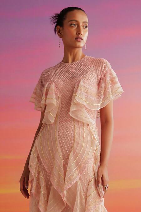 Not So Serious By Pallavi Mohan Pink Tulle Embellished Adelina Ruffled Maxi Dress With Inner Slip Online at Aza Fashions Not So Serious By Pallavi Mohan_Pink Tulle Embellished Adelina Ruffled Maxi Dress With Inner Slip _Online_at_Aza_Fashions