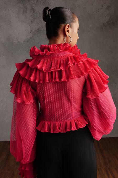 Shop Not So Serious By Pallavi Mohan Pink Tulle, Crepe Ruffles Round Neck Sofia Voluminous Sleeves Top at Aza Fashions Shop_Not So Serious By Pallavi Mohan_Pink Tulle, Crepe Ruffles Round Neck Sofia Voluminous Sleeves Top_at_Aza_Fashions