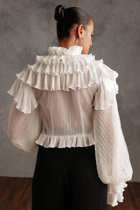 Shop Not So Serious By Pallavi Mohan Ivory Tulle Ruffles Round Neck Sofia Pleated Top at Aza Fashions Shop_Not So Serious By Pallavi Mohan_Ivory Tulle Ruffles Round Neck Sofia Pleated Top_at_Aza_Fashions