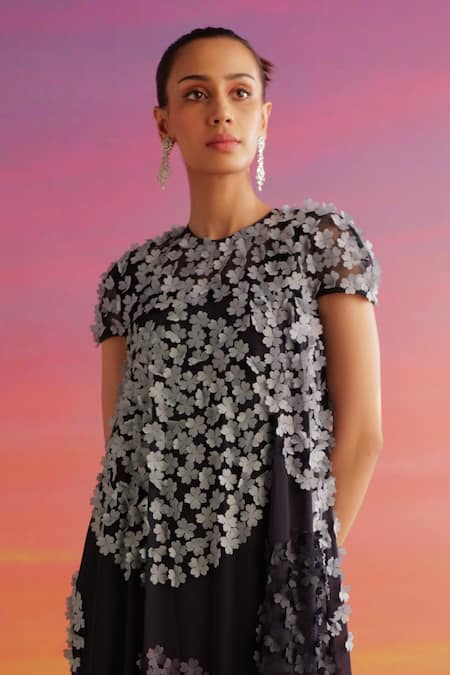 Not So Serious By Pallavi Mohan_Blue Georgette Applique Round Ramona Floral Dress _Online_at_Aza_Fashions