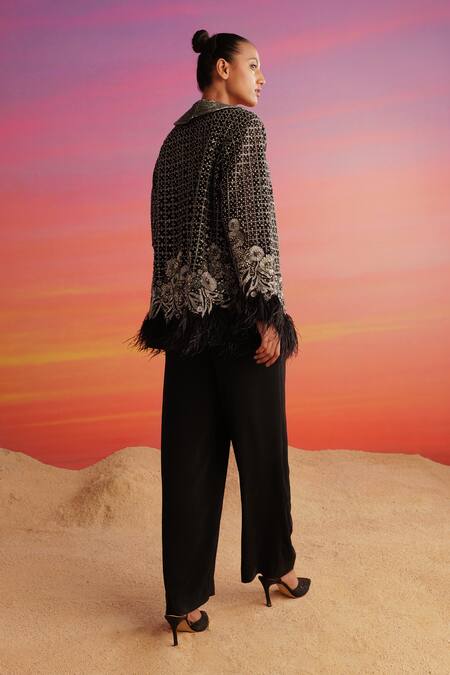 Shop Not So Serious By Pallavi Mohan Black Viscose Embellished Cutdana Lapel Collar Maisa Sequin Jacket at Aza Fashions Shop_Not So Serious By Pallavi Mohan_Black Viscose Embellished Cutdana Lapel Collar Maisa Sequin Jacket _at_Aza_Fashions