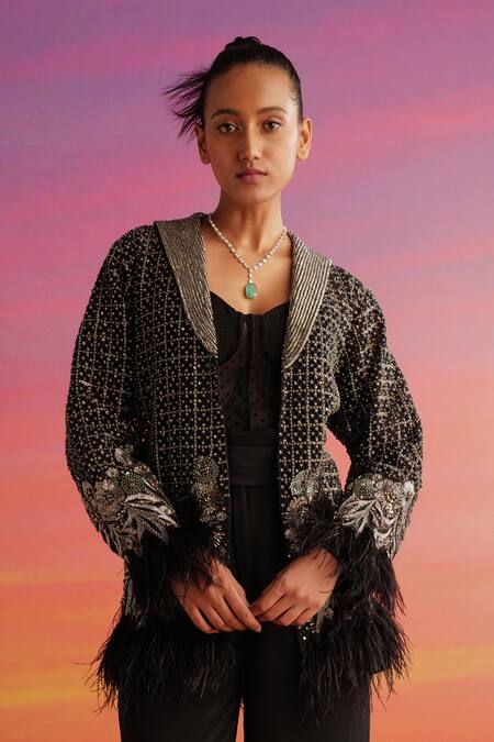 Not So Serious By Pallavi Mohan Black Viscose Embellished Cutdana Lapel Collar Maisa Sequin Jacket Online at Aza Fashions Not So Serious By Pallavi Mohan_Black Viscose Embellished Cutdana Lapel Collar Maisa Sequin Jacket _Online_at_Aza_Fashions