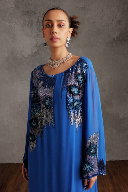 Not So Serious By Pallavi Mohan_Blue Georgette Embellished Sequin Round Aitana Floral Applique Dress _Online_at_Aza_Fashions